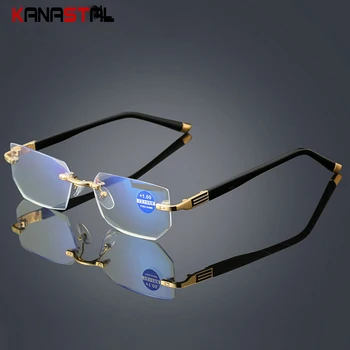 Anti Raio Azul Óculos De Leitura Mulheres Dimond Corte De Óculos Sem Aro Homens Anti Fadiga Hipermetropia Presbiopia Óculos +1.5