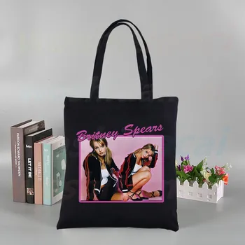 Britney Spears Impressão De Compras Reutilizáveis Saco De Mulheres Sacolas De Lona Sacos De Impressão Eco Bag Duplo Cartoon Shopper Sacos De Ombro, Preto