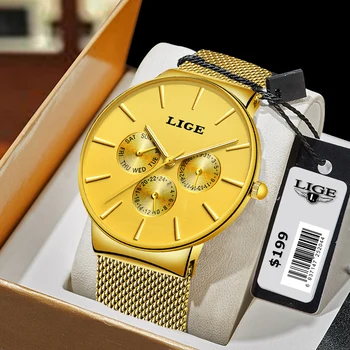 LIGE Moda Relógios de homens de melhor Marca de Luxo Quartzo Relógio Homens Casual Ouro Cinto de Malha de Esportes Impermeável Relógios Relógio Masculino