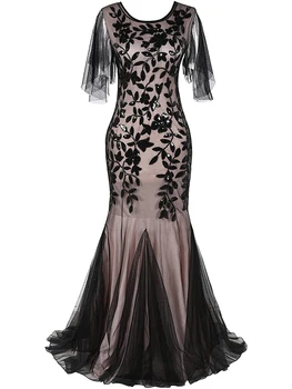 O-pescoço Curto com mangas de Tule de Bordar o Vestido de Noite Elegante Sereia Vintage da década de 1920 Vestido de Festa Grande Gatsby Sequin Vestido Longo