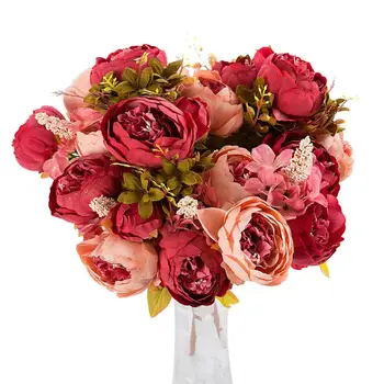 1 Buquê de 13 Cabeças Artificial Peônia Rosa Chá de Flores de Camélia Seda Falso Flor Flores Para DIY Casa Jardim Decoração de Casamento