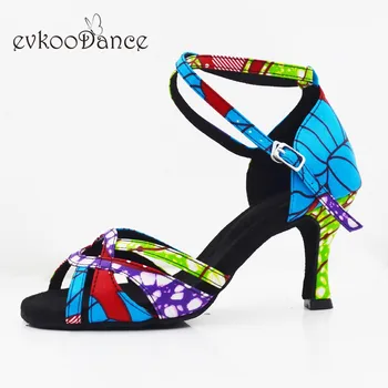 Evkoodance Zapatos De Baile Azul Estilo Africano de Cetim de Dança Sapatos 7cm latina Salão de baile de Salsa Sapatos de Dança para Mulheres e Meninas