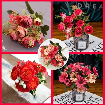 1pcs Artificial Flores de Peônia Rosa Chá Outono de Seda Falso Flores para DIY Sala de estar, Casa Jardim Decoração de Casamento em casa decore