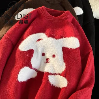 de lã macia desenhos animados coelho Bordado camisola engrossar inverno quente tops vermelho marrom oversized pulôver de casais kawaii roupas 2022
