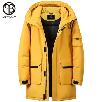 Asesmay chegada nova jaqueta moda masculina longos casacos de inverno da marca parka mens casacos grossos quente sólido amarelo roupas casual