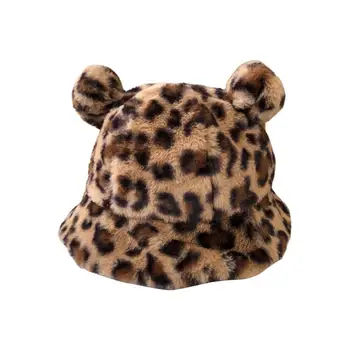 Moda Unissex Balde, Chapéu de Urso Bonito Orelha Bola Engrossado Quente de Outono Inverno, de estampa de Leopardo Pelúcia Bola Bacia do Pac para o Exterior