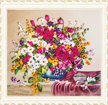 50x55cm Coloridas flores de Fita bordado kit de manchar a pintura do conjunto de artesanato kit DIY feito a mão de obra de bordador arte de decoração de casa