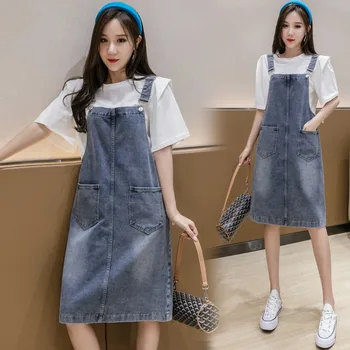 Jeans Verão Vestido De Mulher 2020 Novo Estilo Coreano Slim Fit Tiras De Bolso Geral Sundress Estilo Preppy Estudante Menina Vestido