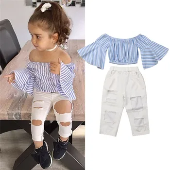 Criança 2PCS Conjunto de Roupa de 2019 Crianças Meninas do Bebê Roupa de Verão Menina Listrado Tops+Ripped Jeans, Calças de Ternos de Vestuário