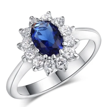 TENGTENGFIT Blue Gem Criado Cristal Azul Cor de Prata de Casamento do Dedo Anéis de Cristal para as Mulheres Oval Moda, cor de prata Jóias