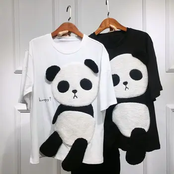 Verão mais novo Panda, dos desenhos animados Padrão de Algodão de Manga Curta T-Shirt das Mulheres Solta Aluno Bordado Topo