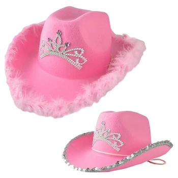 Moda cor-de-Rosa Chapéu de Cowboy Ocidental Chapéu de Cowgirl para Mulheres Meninas a Pena Brilhante Coroa de Lantejoulas Tiara Cowgirl Chapéus de Festa Fedora Caps