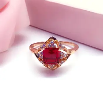 585 roxo banhado a ouro 14K ouro rosa embutidos geométricas ruby anéis de noivado para mulheres clássicas abrir design elegante jóias
