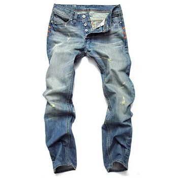 Ripped Jeans para Homens Reta Slim Plus Size Pantalones Jeans de grife Homens de Alta Moda de Qualidade no Botão Azul Casual, de Jeans, Calças