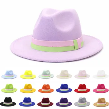 Chapéus de Fedora para Mulheres, Homens, Verde, cor-de-Rosa Patckwork Correia de Feltro Chapéu de Sol de Moda Nova Aba Larga Panamá Trilby Cap Atacado