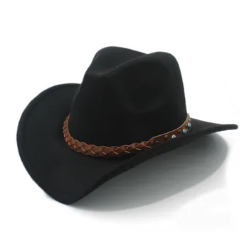 LUCKYLIANJI de Feltro de Lãs Ocidental Chapéu de Cowboy Para Criança Criança Aba Larga Cowgirl Kallaite Trança de Couro Banda (Tamanho:54 cm,Ajuste de Corda)