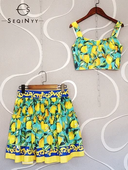 SEQINYY Terno Verde de Verão, Primavera Novo Design de Moda as Mulheres Pista de Rua de Alta Crop Top + Mini Saia de Limão da Sicília, Flores de Impressão