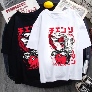 Marca Mulheres T-Shirt Motosserra Homem Anime Tops de Anime Mangá de Verão T-shirts Preto Branco Unisex Camiseta de Manga Curta Camiseta para Mulheres