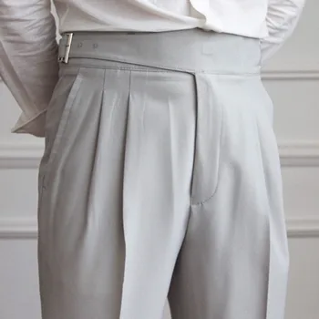 Moda Cinza Mens Vestido De Calça Reta De Cintura Alta, Calças De Homens De Negócios Da Primavera Versátil Cinto Das Calças Cavalheiro Paris Botão Da Calça
