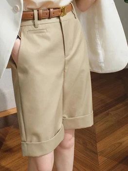 Mulheres de Verão, Shorts de Cintura Alta Joelho de Comprimento em linha Reta Calças com Cinto Office Cáqui Branco Preto Casual, Calça Curta, as Mulheres da Moda