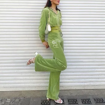 YiYiMiYu Harajuku Veludo Verde Casual Folgado WideLeg Calças para Mulheres Dragão de Diamante Vintage de Fadas Estética Cintura Alta Cavallari Y2K