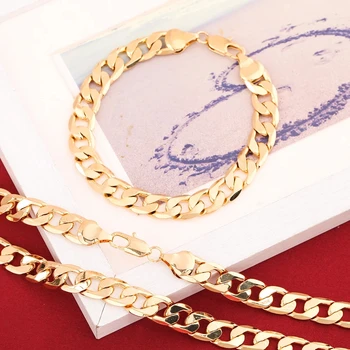 Hot Street-correspondência de prata 925 banhado a ouro 18K 8MM geometria da cadeia de pulseiras neckalce para mulheres, homens conjunto de jóias de moda