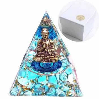 Feito à mão Azul Turquesa Buda Orgone Pirâmide de Cristal de Cura Orgonite 60mm de Obsidiana Escombros Pirâmide Incluem Caixa de Presente