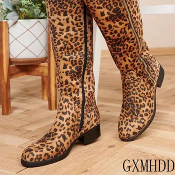 As mulheres do Vintage Leopard Meados de Bezerro Botas de Costura Plataforma de Senhoras Zip Outono Inverno Rodada Toe de Salto Baixo PU de Couro de Sapato Plus Size 2022