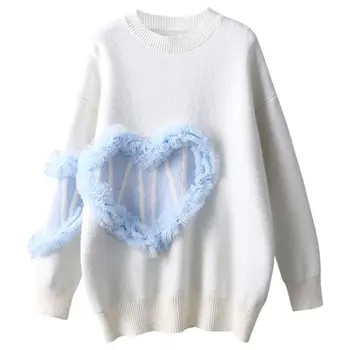 Alta Qualidade De Outono Inverno Mulheres De Camisola De Emenda Azul Do Amor Do Coração De Malha Harajuku Produto Novo Knittishirt Solta Pulôver Feminino