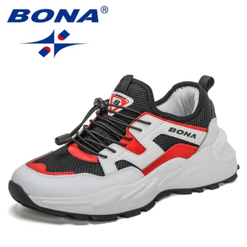 BONA 2021 Novos Designers Ação de Couro Tênis de Homens Tênis Casual Antiderrapante resistente ao Desgaste Jogging Sapatos Homem, Sapatos de Caminhada