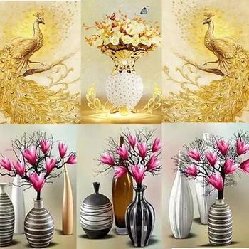 5D DIY de Rodada Completa da Broca de Diamante Pintura Pavão Animal Vaso de Flor Strass Mosaico de Artesanato Arte de Parede Imagem Kit Decoração de Casa