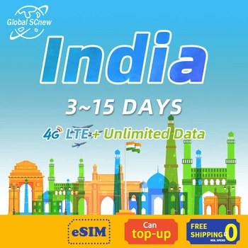 Índia cartão SIM Pré-pago 3-15 Dias 4G de Alta Velocidade de Dados Ilimitado Suporte eSIM Operador de Roaming de Dados para Viagens de lazer