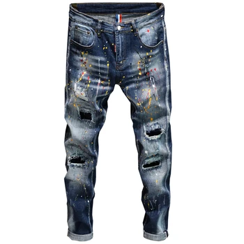 Novo estilo de personalidade ripped jeans masculino masculino estilo coreano moda de pintar ponto de respingo de tinta design slim calça com estampa de calças