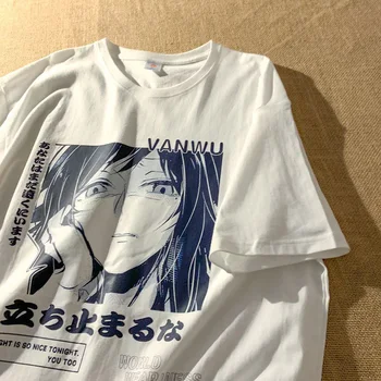 Mulheres Camiseta de Anime Japonês de Impressão de T-shirt Solta Harajuku Casual Cartoon Streetwear Punk, Vintage Tshirt Acessório Superior Goth