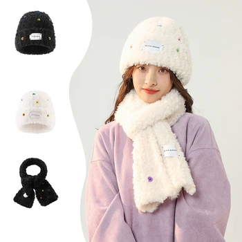 Ins Moda Inverno Mulheres Novidade Beanies Tampa de Malha Chapéus Botões Simples de Lã Branca, Chapéu de Lã Lenço para Mulheres