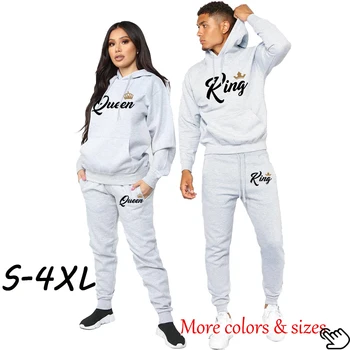 Casal Sportwear Conjunto de REI ou RAINHA Impresso Amante com Capuz Ternos de Cor Sólida Capuz e Calças 2pcs de Streetwear para Homens Mulheres