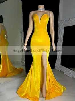 ANJO NOVIAS Longo Sereia Sexy Amarelo Vestidos de Baile 2023 Robe De Veludo Sarau Festa Baile Vestidos de festa Luxo Longo 2022