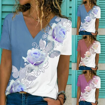 2022 verão nova tendência de moda floral T-shirt das mulheres básica com decote em V rosa azul 3D colorido floral camisa solta topo