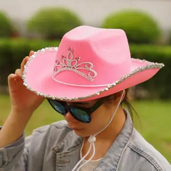 Cowgirl Chapéu de Cowboy para as Mulheres Garota Western Cowboy Caps Pena Coroa Tiara de Aba Larga Balde de Chapéus de Festa Traje Vestir Caps