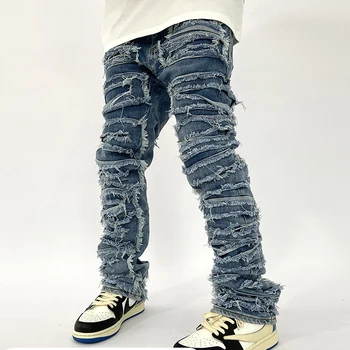 Retro Buraco Rasgado Angustiado Jeans para Homens Reta Lavado Harajuku Hip Hop Solta Calça de algodão Vibe Estilo Casual Jean Calças