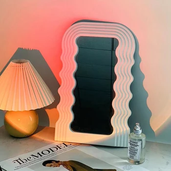 1Pc Criativo Onda Espelho do ambiente de Trabalho de Cosméticos PP Espelho Decorativo do Espelho do Banheiro, Acenou Vintage cor-de-Rosa Espelho Decoração de Casa