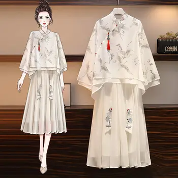 Branco Hanfu Vestido Para as Mulheres de Verão Chiffon Chinês Antigo Estilo de Fantasia Plus Size Top E Saia de Cosplay Traje de roupa de Duas peças