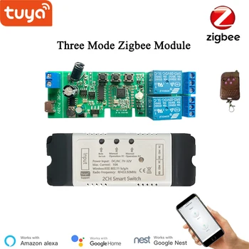 Tuya 5~32V Zigbee Módulo Switch de 2 Canais Com RF433 Zigbee Inching / Auto-Bloqueio / chave de Intertravamento de Controle de APLICATIVO Compatível com Alexa