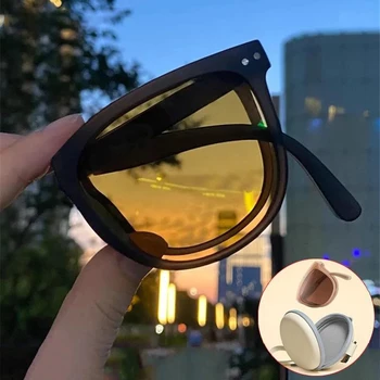 Nova Marca De Luxo Dobrável Óculos De Sol Polarizados Mulheres Homens Vintage Praça Portátil Dobra De Óculos De Sol Feminino Condução Noite Óculos