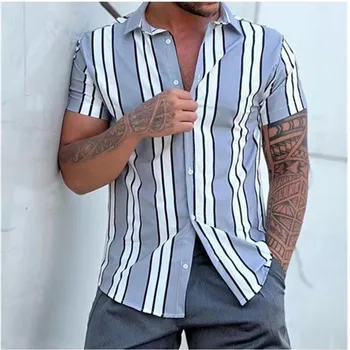 Camisas masculinas de Verão de Moda de Nova Listrado Contraste de Impressão de Cor ao ar livre Solto e Casual Manga Curta Casaquinho de Grande Tamanho