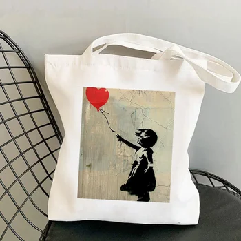 2022 Shopper Banksy Coração Vermelho Balão Impresso Sacola Mulheres Harajuku Shopper Bolsa Menina Ombro Saco De Compras Senhora De Saco De Lona