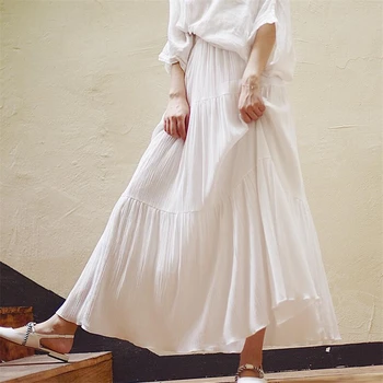 Branco Plissado Mulheres Saias 2022 Casual Mulheres Elástico de Cintura Alta Vintage Longo de maxi Saias, Vestidos Feminos