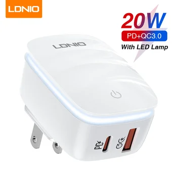 LDNIO PD20W Carregador Rápido QC3.0 Porta Dupla USB Com LED Lâmpada da Noite Carregador de Parede Para Iphone/Huawei/Xiaomi Carregadores de telemóveis