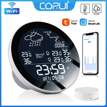 CoRui Tuya Smart Sensor de Temperatura E Umidade Com LCD Relógio Digital de Pressão de Ar/UV/Velocidade do vento Função Estação Meteorológica