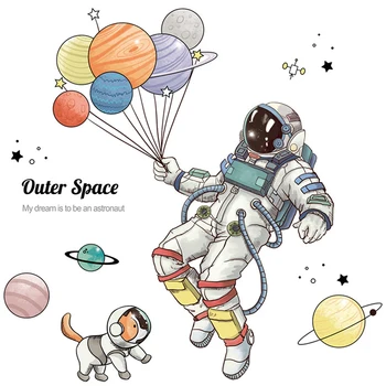 Cartoon Espaço Exterior Astronauta Adesivo de Parede para quartos de Crianças do Berçário Removível